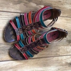 Conkeys St Martin leather multi colored leather tooled sandals